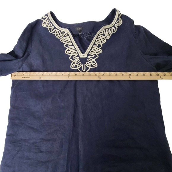 Talbots Women's SZ L 100% Linen Blouse/Top Navy-Blue Embellished Neckline & Cuff - Picture 8 of 11